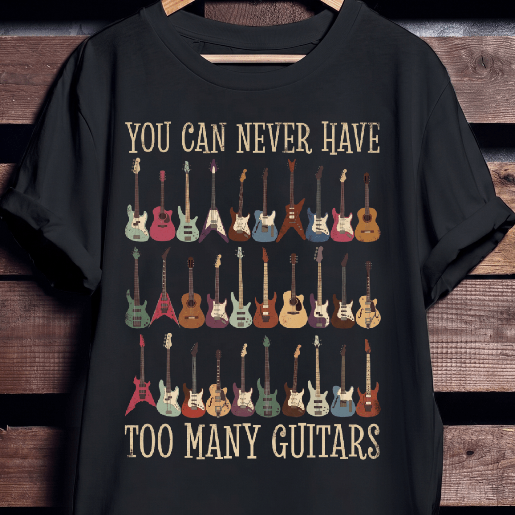 Never Have Too Many Guitars T-shirt - Vintage Guitar Collection Tee - The Music Frontiers