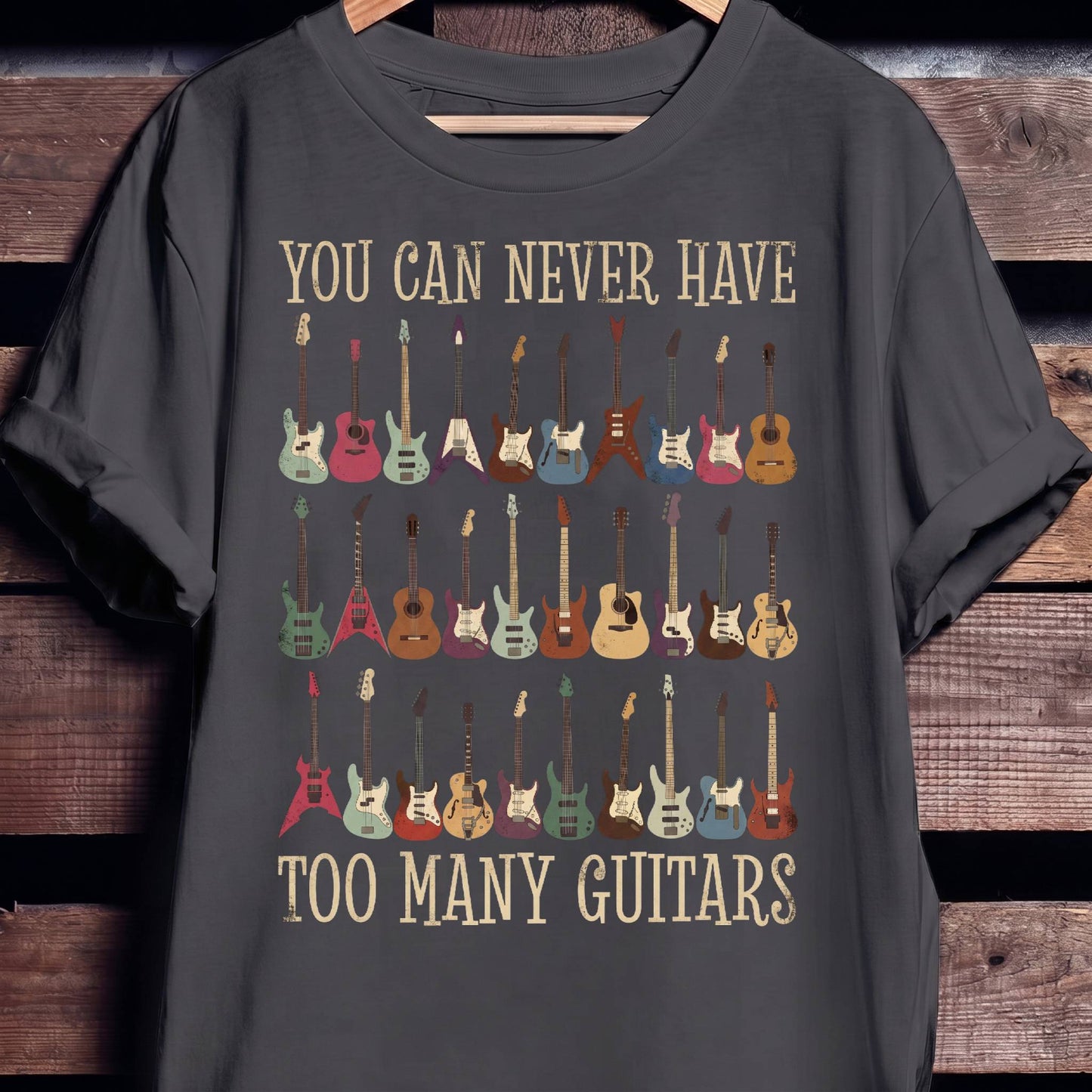 Never Have Too Many Guitars T-shirt - Vintage Guitar Collection Tee - The Music Frontiers
