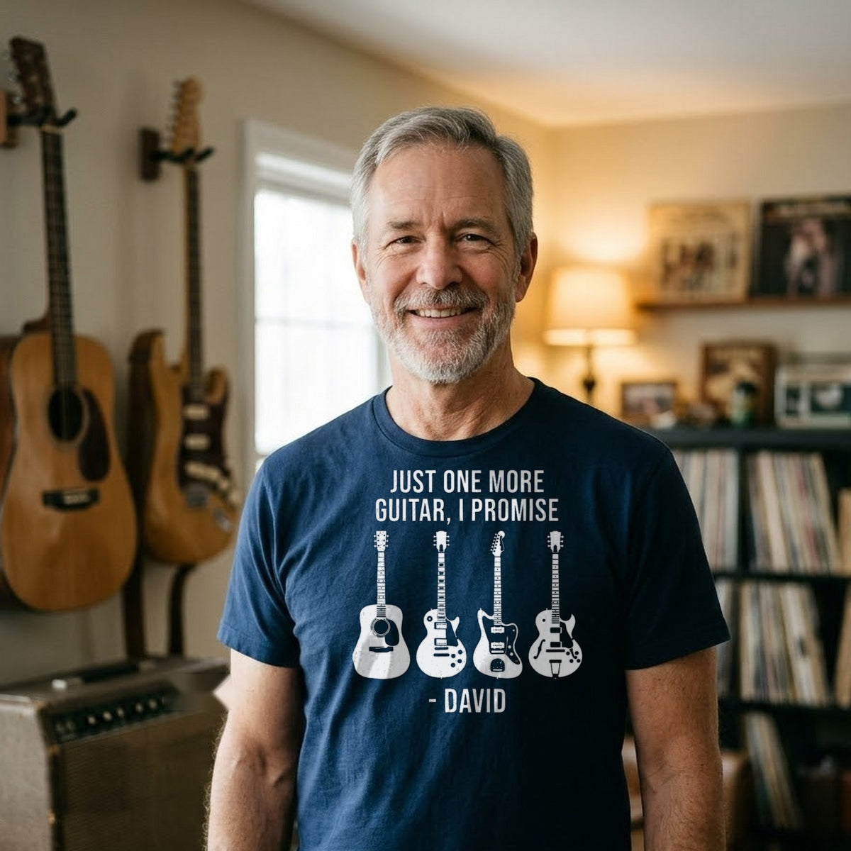 Just One More Guitar I Promise Personalized Shirt for Guitarist - man wearing the navy T-shirt