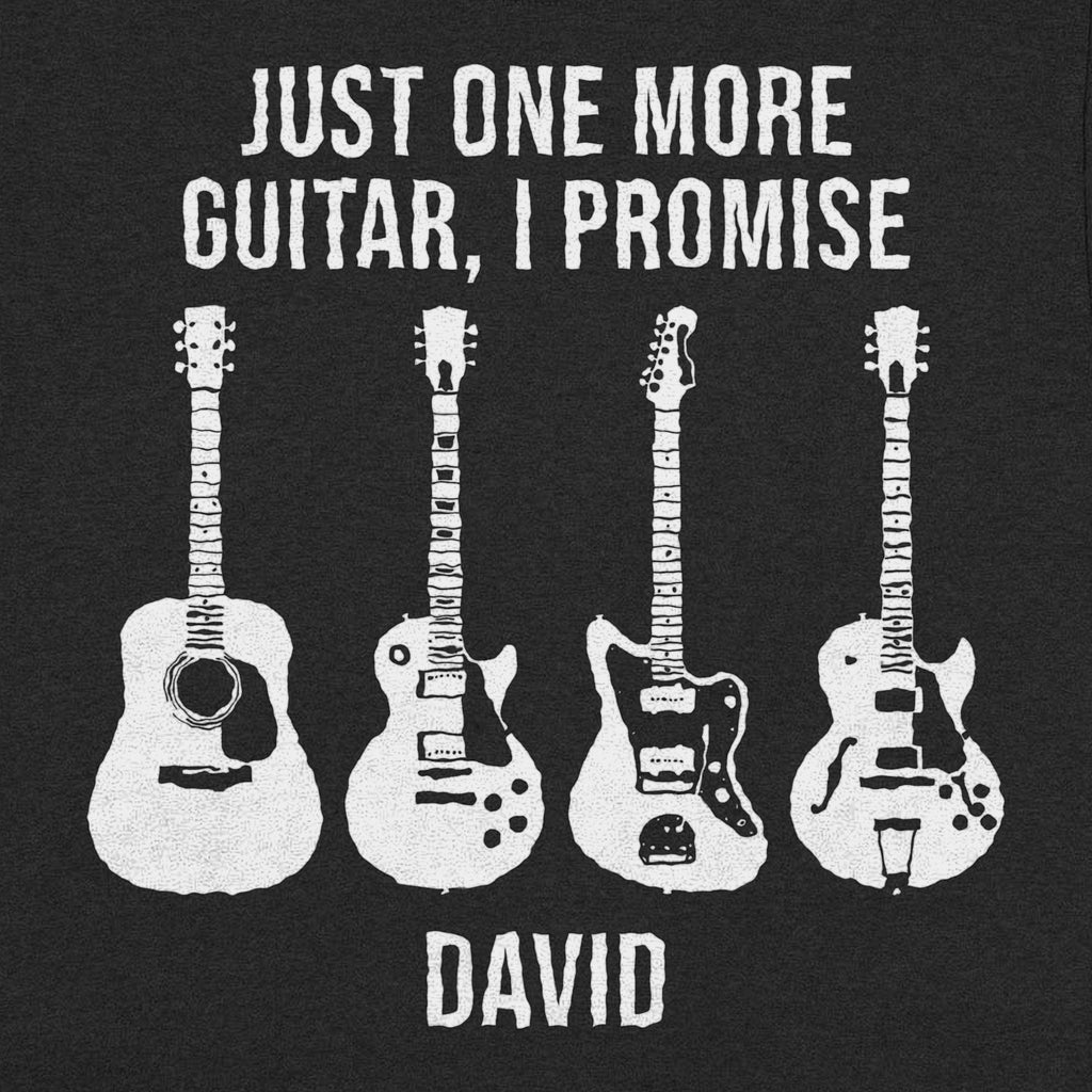 Just One More Guitar I Promise Personalized Shirt for Guitarist - Close-up of the print on the black shirt