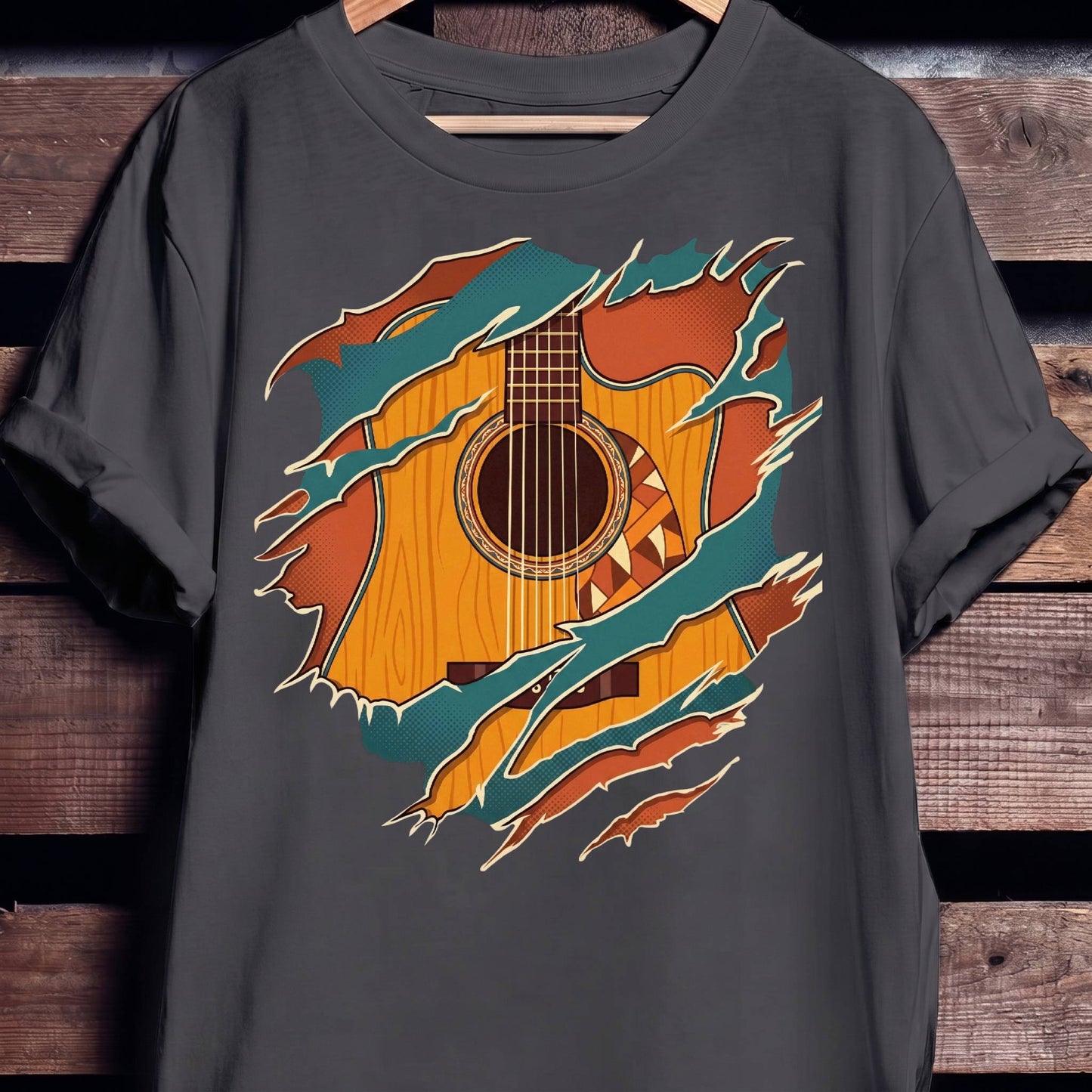 Ripped Teal Acoustic Guitarist Tee