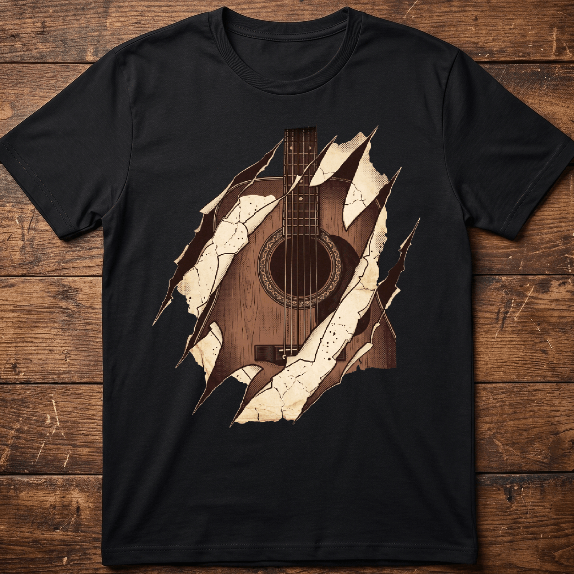 Ripped Acoustic Guitar Graphic Tee - Vintage Musician T-shirt - The Music Frontiers