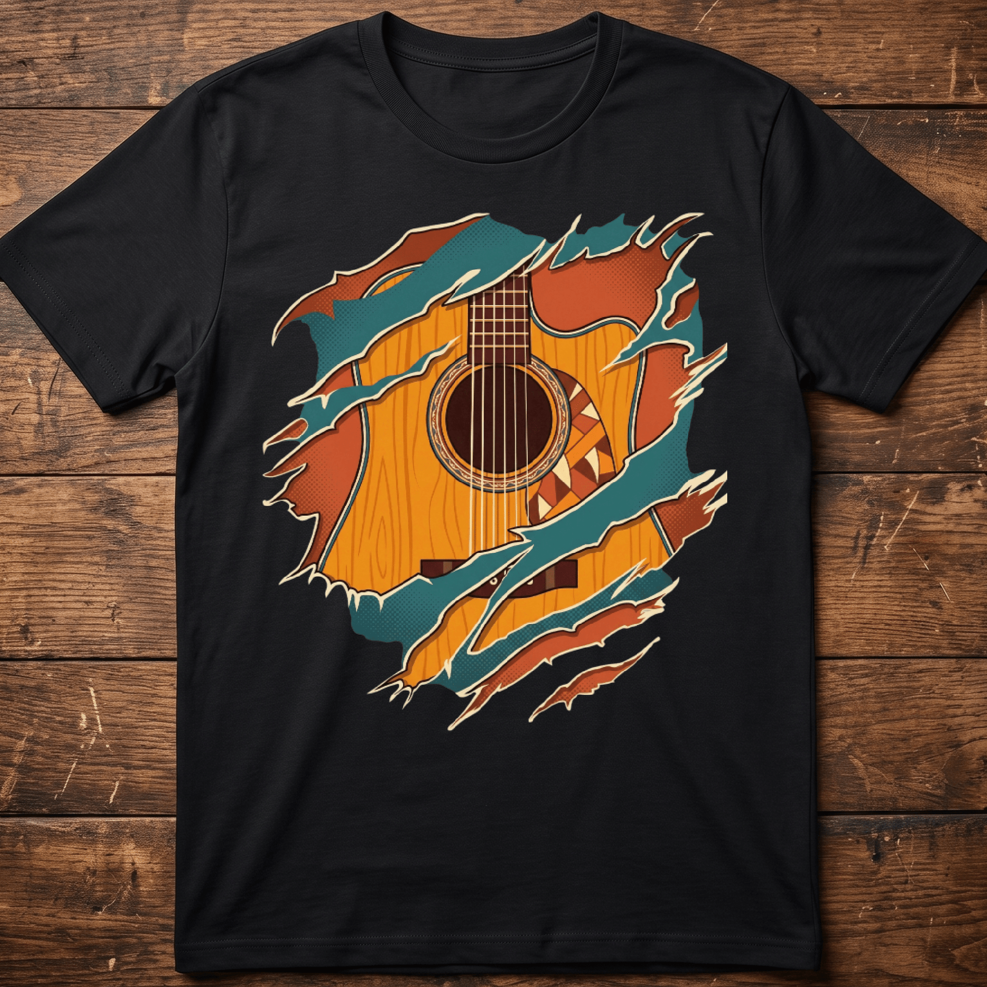 Ripped Teal Acoustic Guitarist Tee - The Music Frontiers