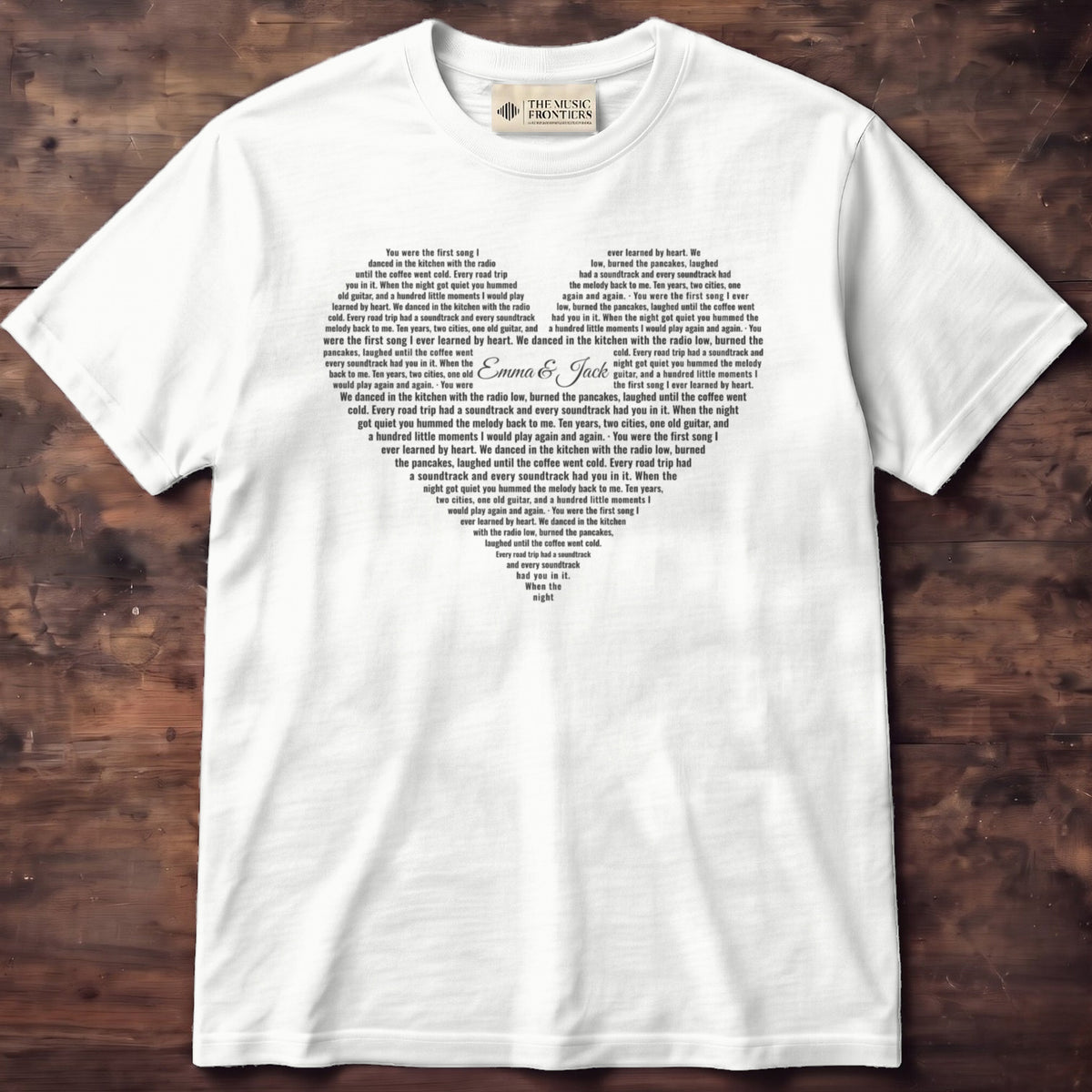 White Comfort Colors t-shirt with the personalized Song Lyrics in a Heart design