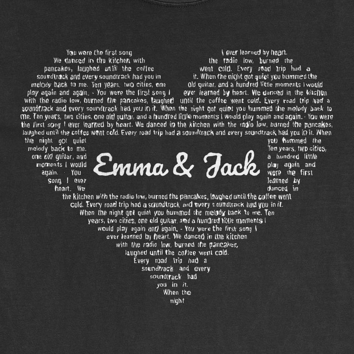Custom Song Lyrics in a Heart – Your Words Shaped Art - close-up of the print on the black shirt