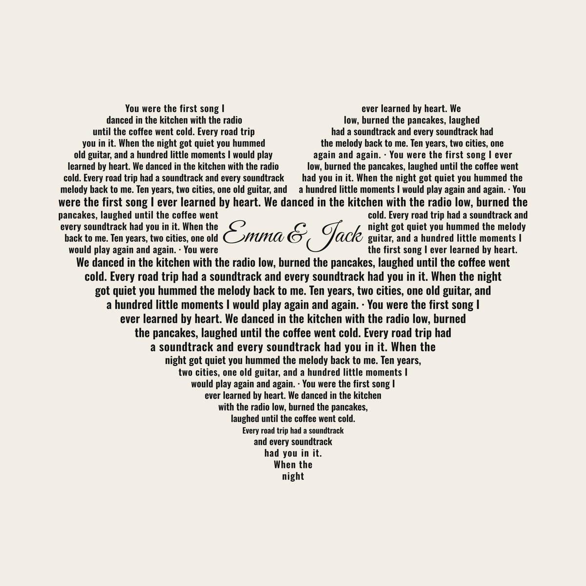 Song Lyrics in a Heart design artwork on its own, personalized with your details
