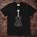 Charcoal tee with song lyrics filling an acoustic guitar outline and two names inside the body