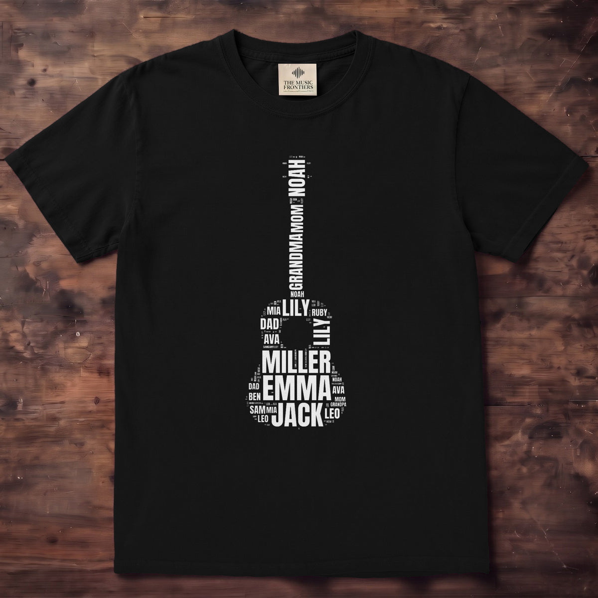 Black Comfort Colors t-shirt with the personalized Names & Words in a Shape design