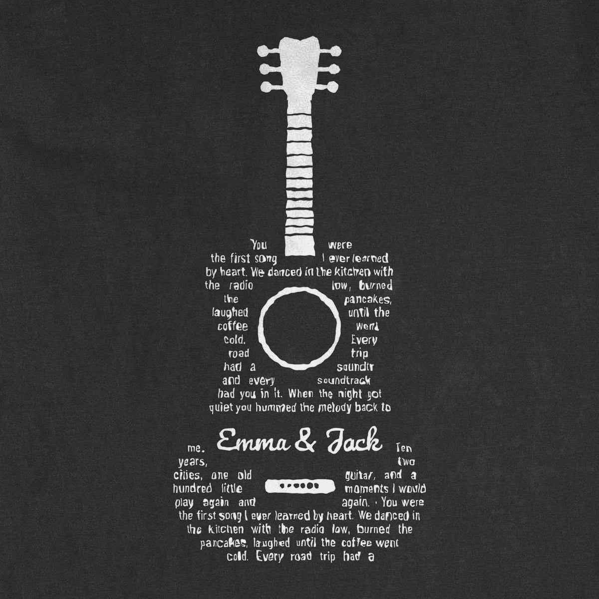 Lyrics in a Shape – Custom Song Lyrics Art (Guitar & 100+ Shapes) - close-up of the print on the black shirt