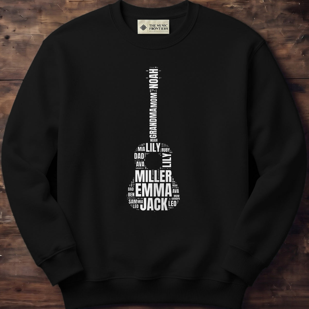 Black sweatshirt with the personalized Names & Words in a Shape design