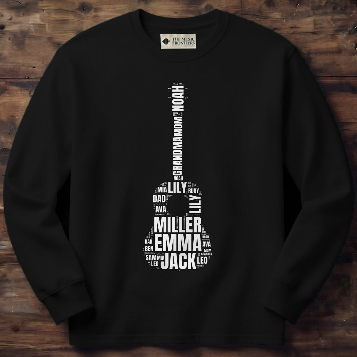 Black long sleeve shirt with the personalized Names & Words in a Shape design