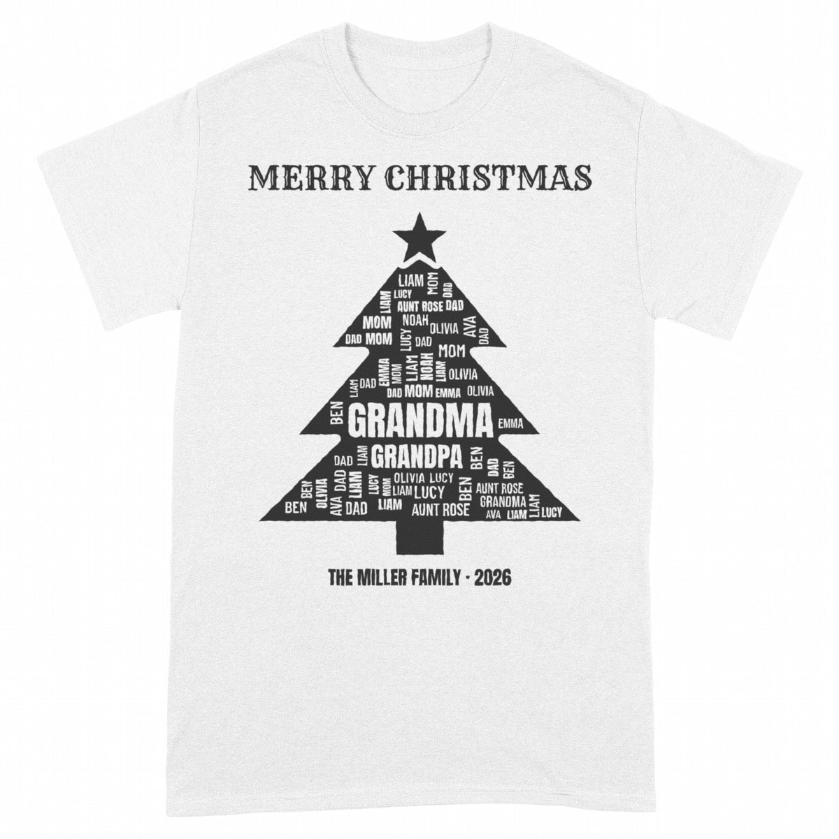 Family Christmas Tree Word Cloud – Names of Everyone You Love - White classic tee, front