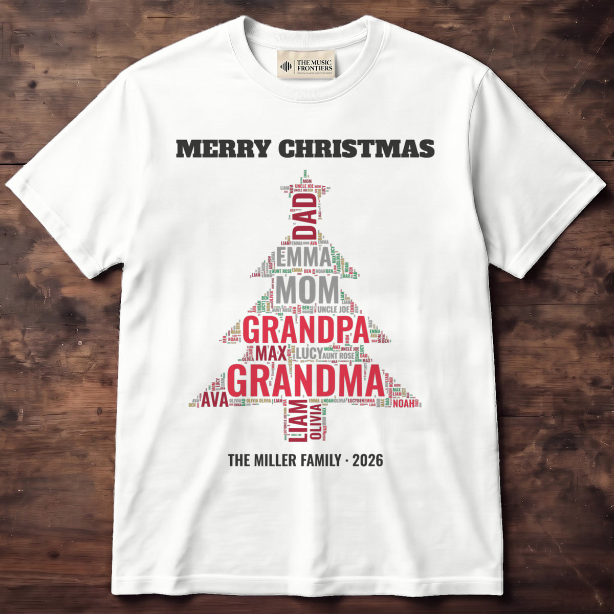 White t-shirt with the personalized Family Christmas Tree Word Cloud design