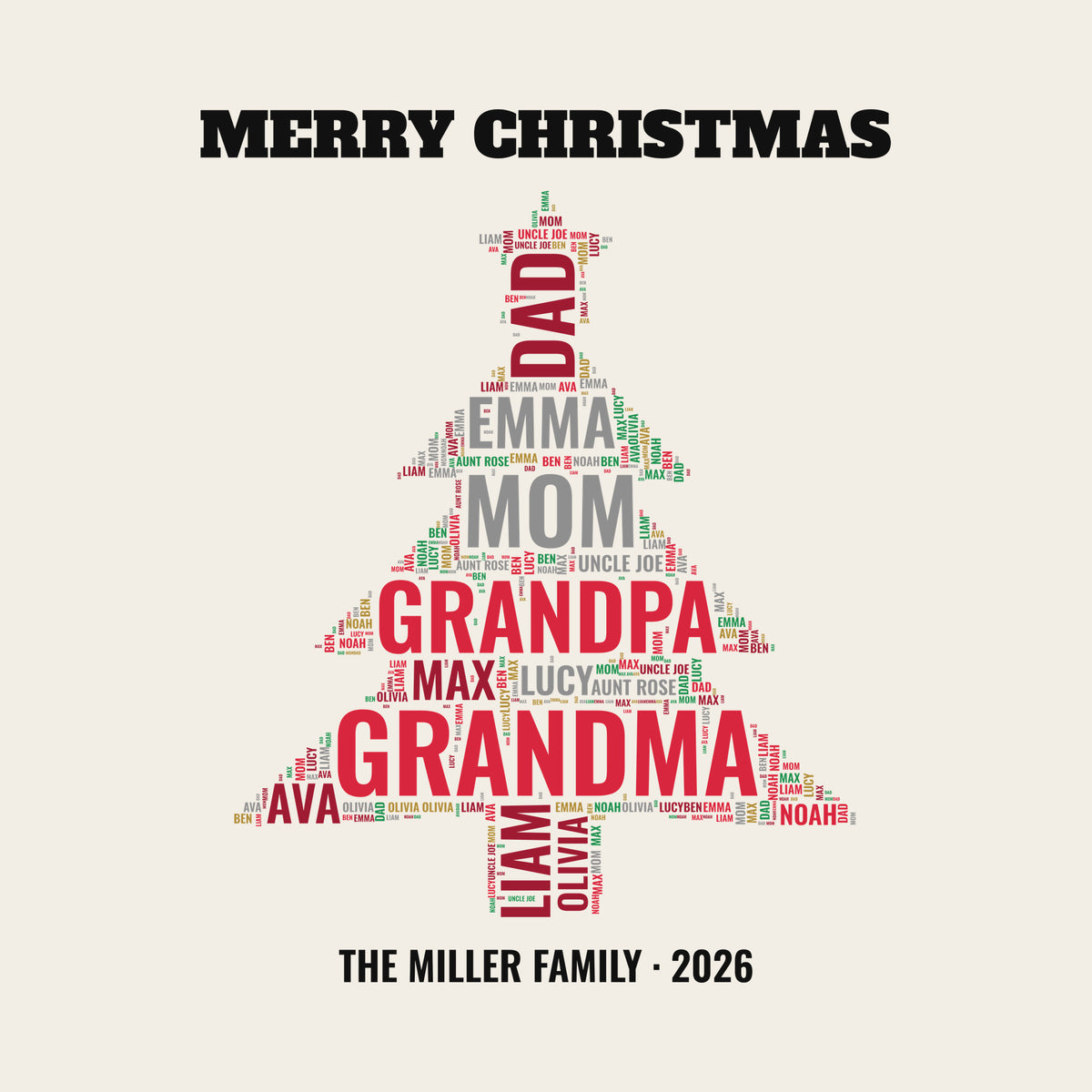 Family Christmas Tree Word Cloud design artwork on its own, personalized with your details