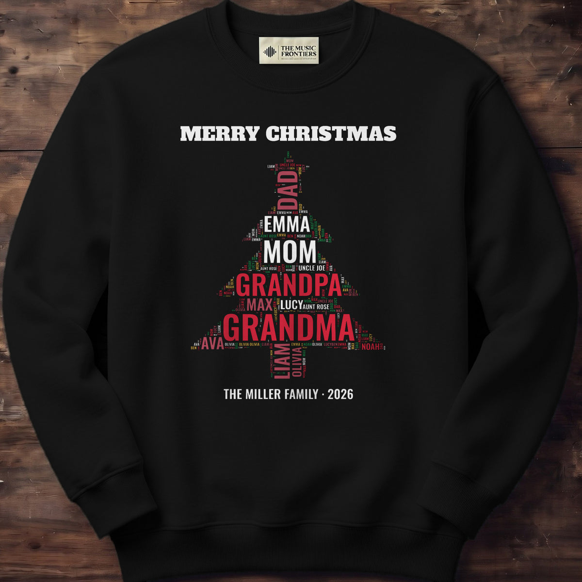 Black sweatshirt with the personalized Family Christmas Tree Word Cloud design