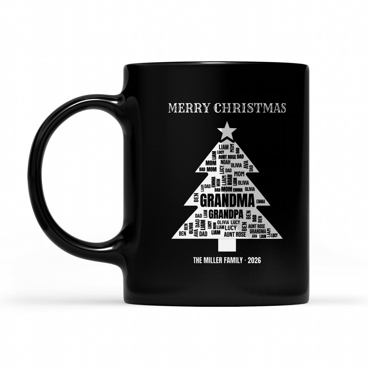 Family Christmas Tree Word Cloud – Names of Everyone You Love - matching black mug