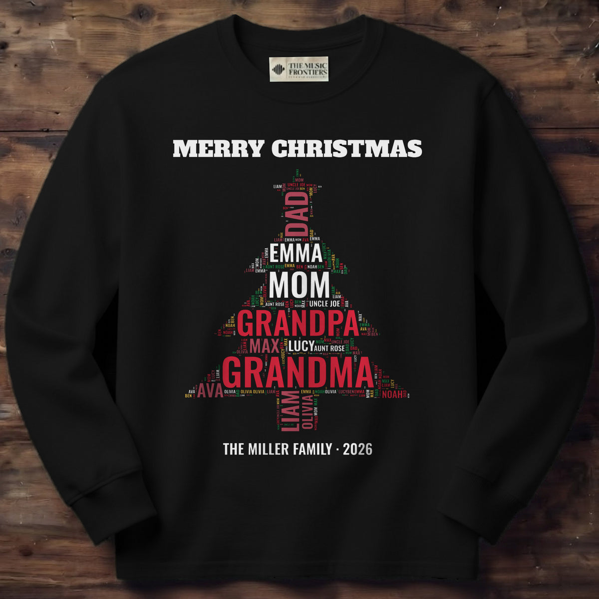Black long sleeve shirt with the personalized Family Christmas Tree Word Cloud design
