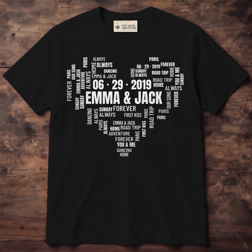 White tee with a heart made of words around the names EMMA and JACK and a date