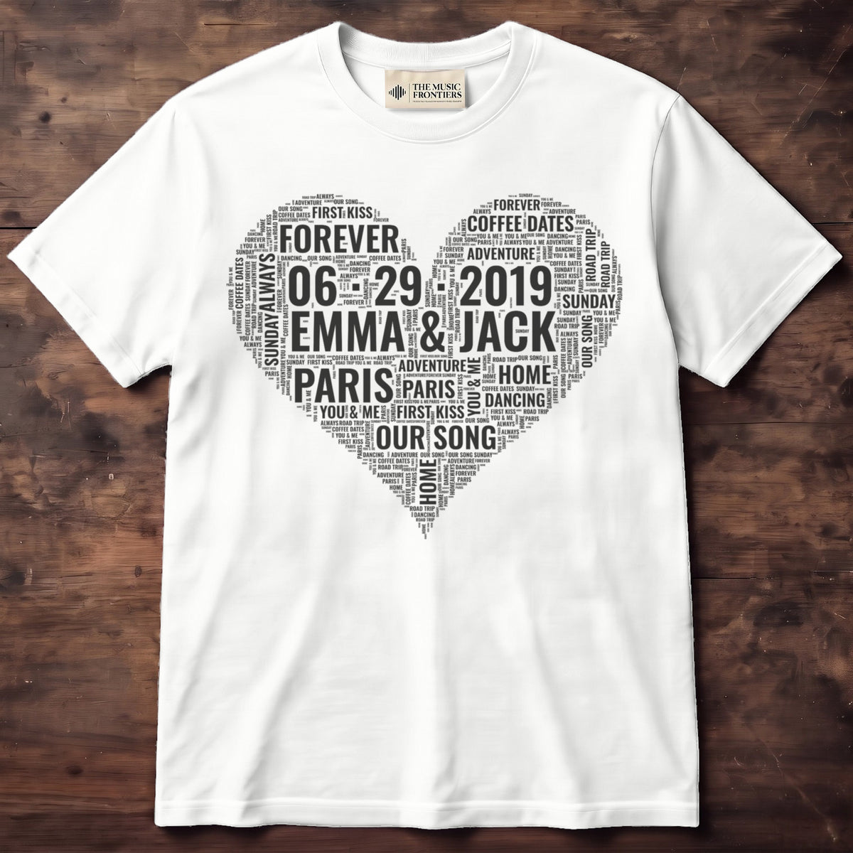 White t-shirt with the personalized Couple Names Heart Word Cloud design
