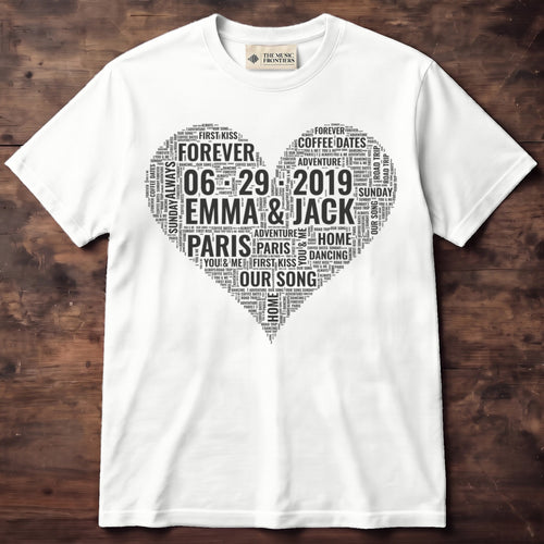 White t-shirt with the personalized Couple Names Heart Word Cloud design