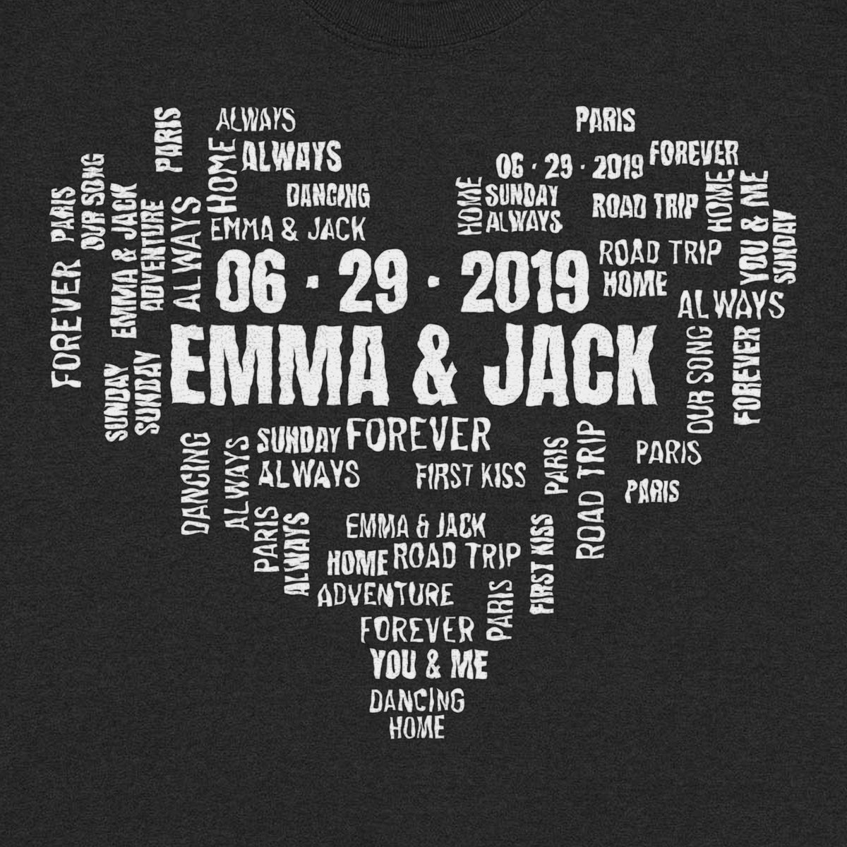 Couple Names Heart Word Cloud – Our Words, Our Date - close-up of the print on the black shirt