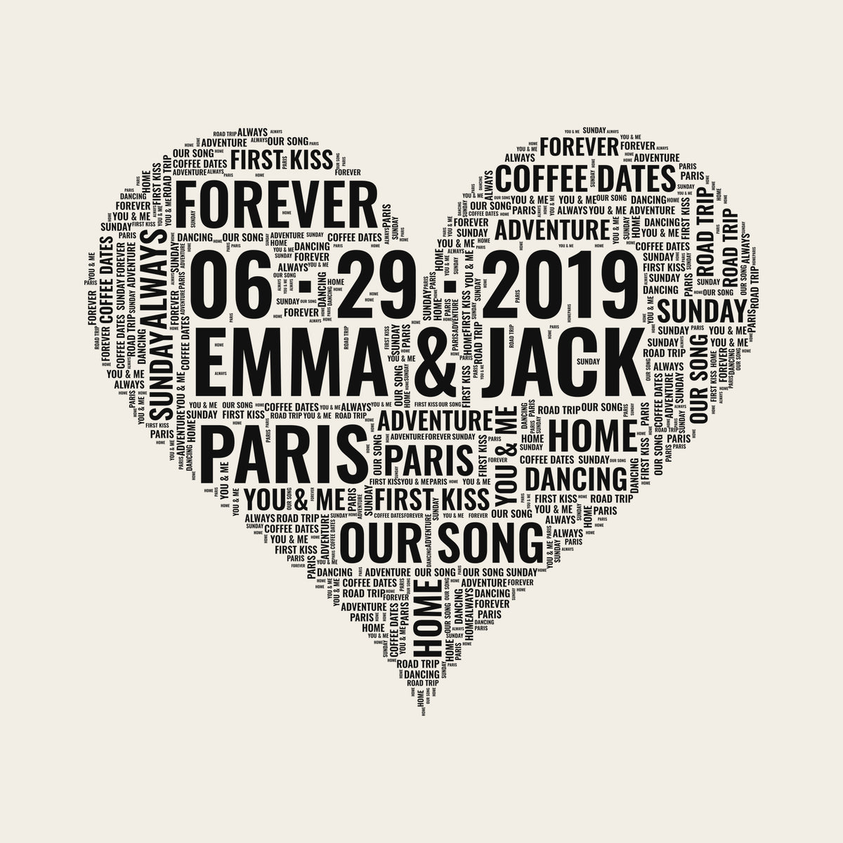 Couple Names Heart Word Cloud design artwork on its own, personalized with your details