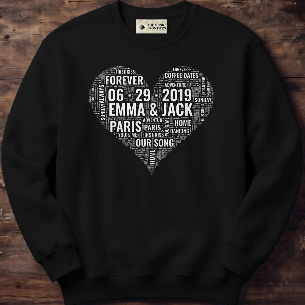 Black sweatshirt with the personalized Couple Names Heart Word Cloud design