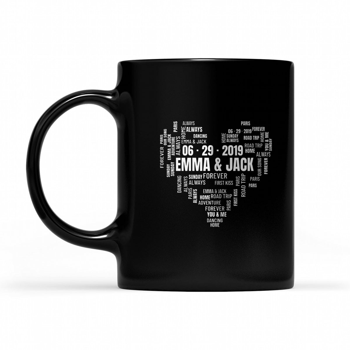 Couple Names Heart Word Cloud – Our Words, Our Date - matching black mug