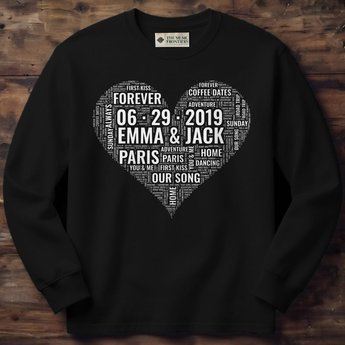 Black long sleeve shirt with the personalized Couple Names Heart Word Cloud design