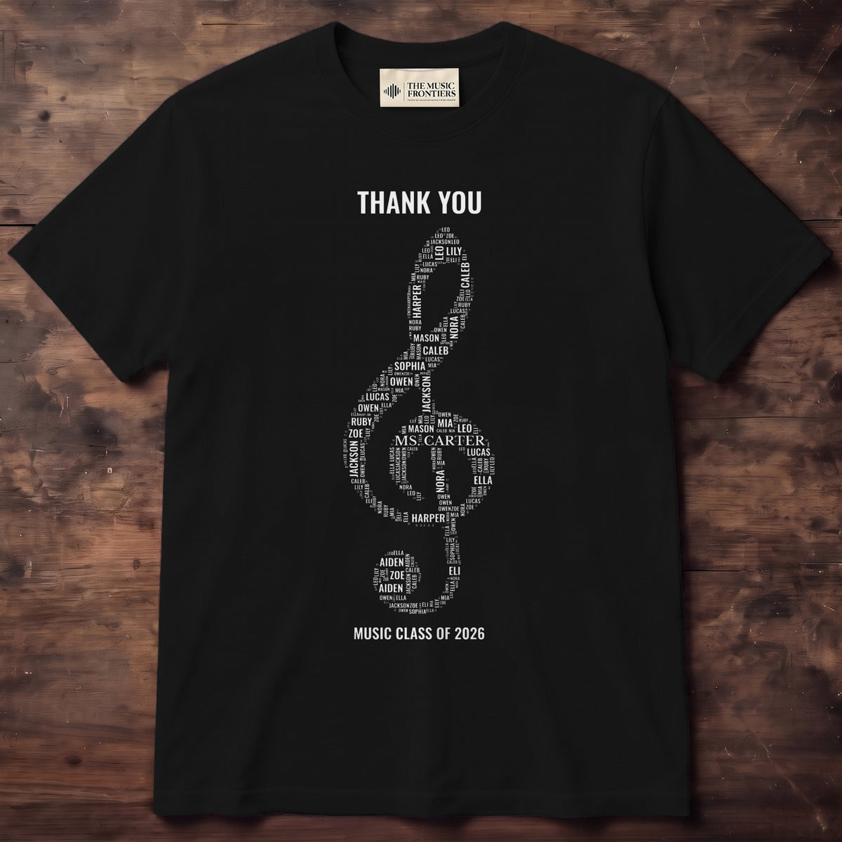 Black t-shirt with the personalized Music Teacher Gift design