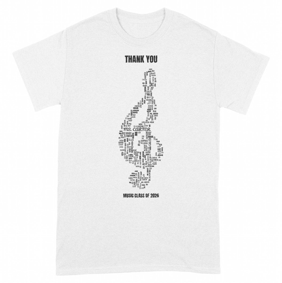 Music Teacher Gift – Treble Clef Word Cloud with Student Names - White classic tee, front
