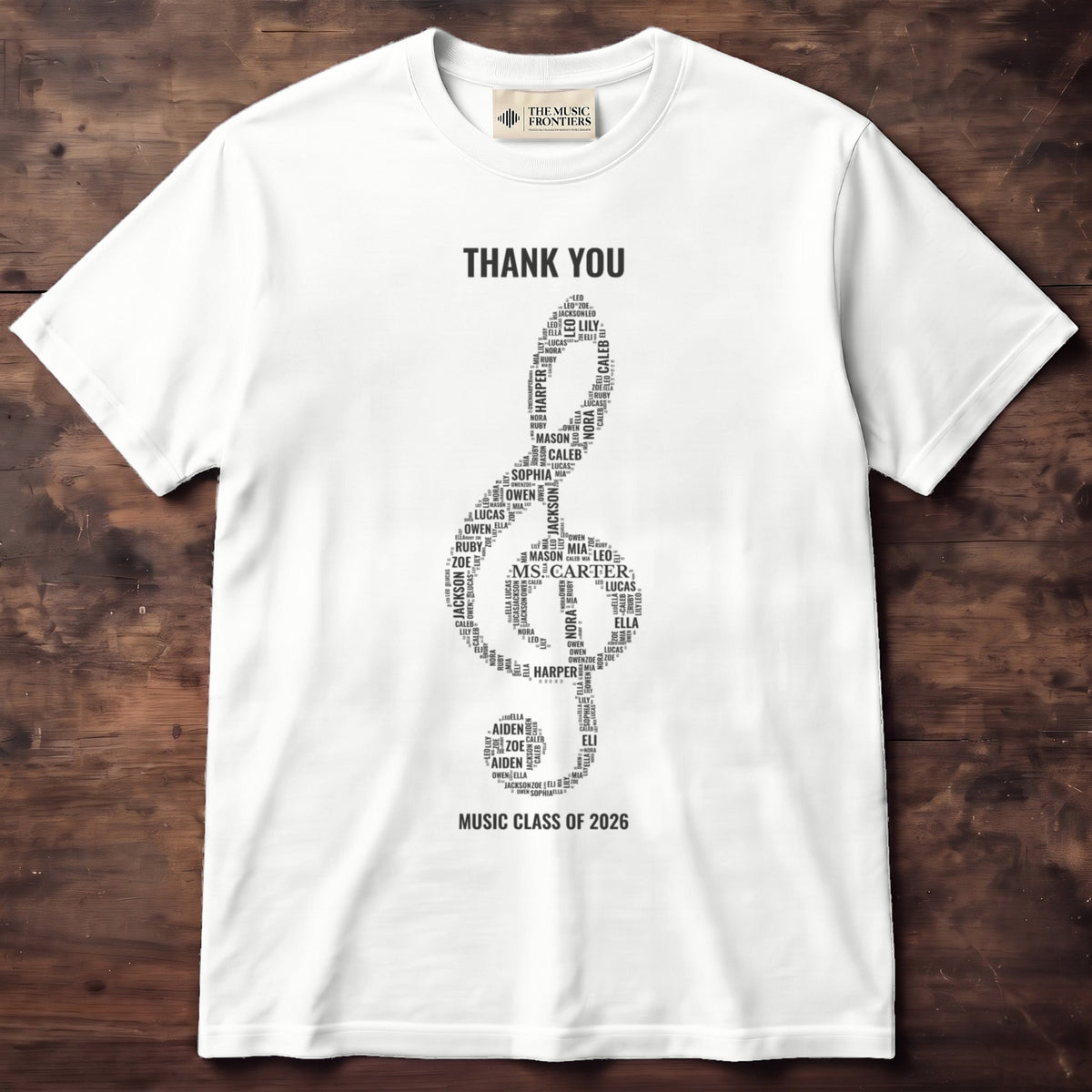 White t-shirt with the personalized Music Teacher Gift design
