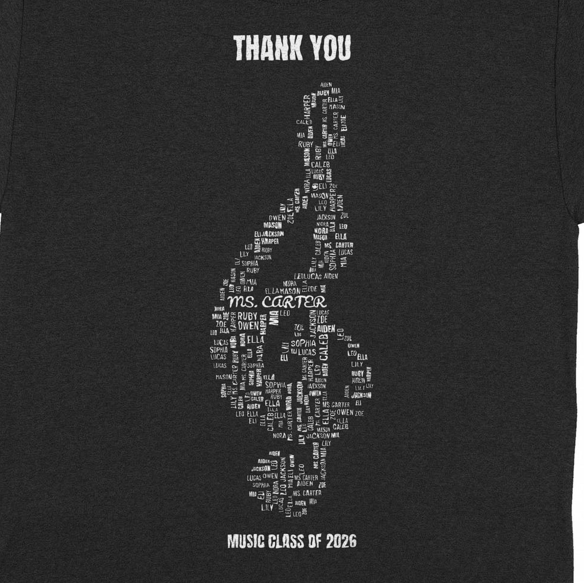 Music Teacher Gift – Treble Clef Word Cloud with Student Names - close-up of the print on the black shirt