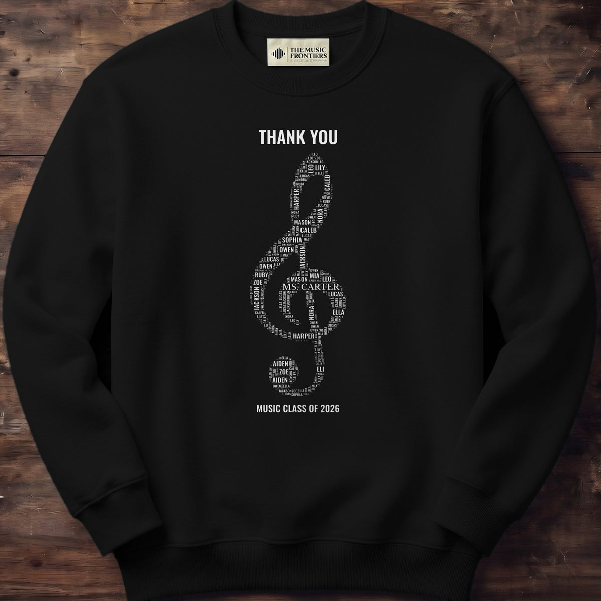 Black sweatshirt with the personalized Music Teacher Gift design