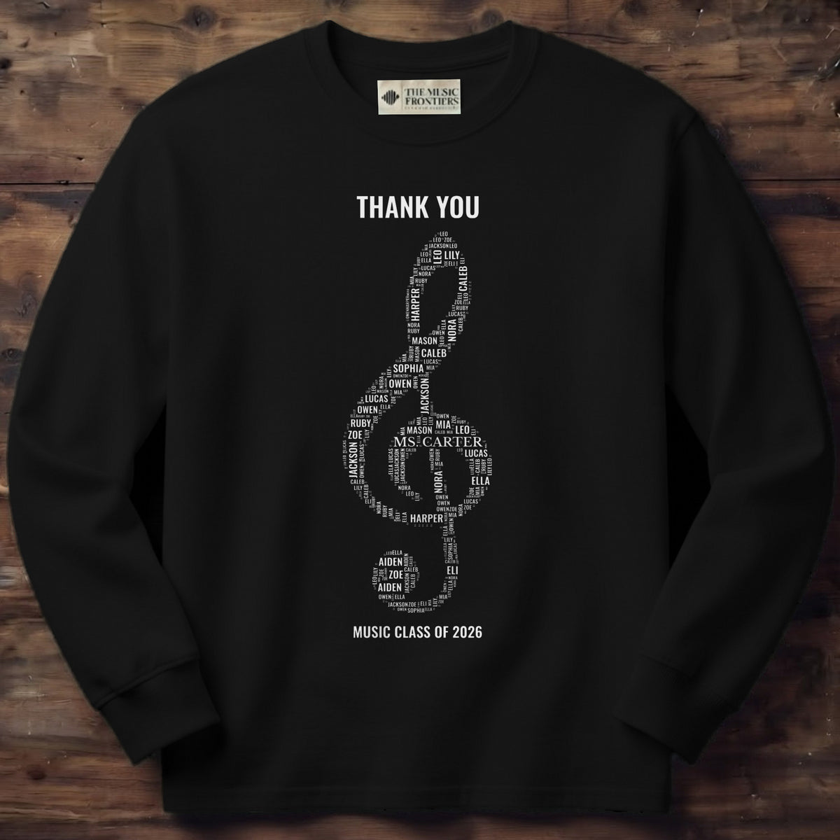 Black long sleeve shirt with the personalized Music Teacher Gift design