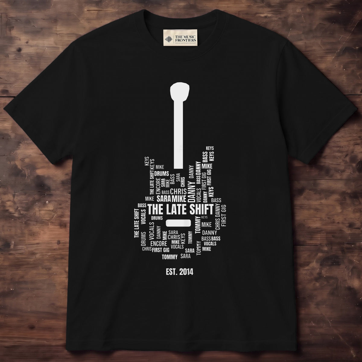 Black tee with band member names forming an electric guitar and THE NIGHT OWLS SINCE 2014