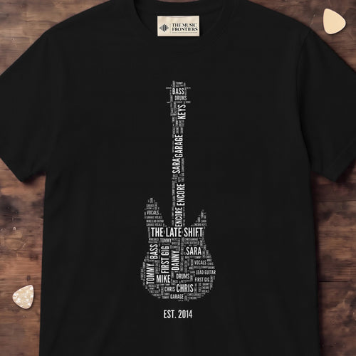 Black t-shirt with the personalized Band Name Guitar Word Cloud design