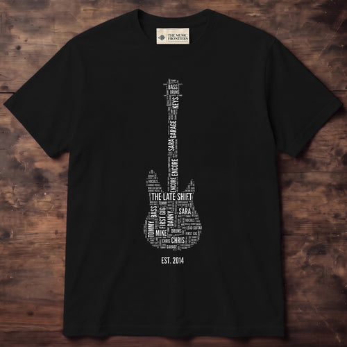 Black t-shirt with the personalized Band Name Guitar Word Cloud design