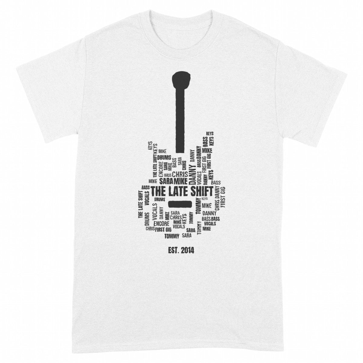 Band Name Guitar Word Cloud – Every Member, One Guitar - White classic tee, front