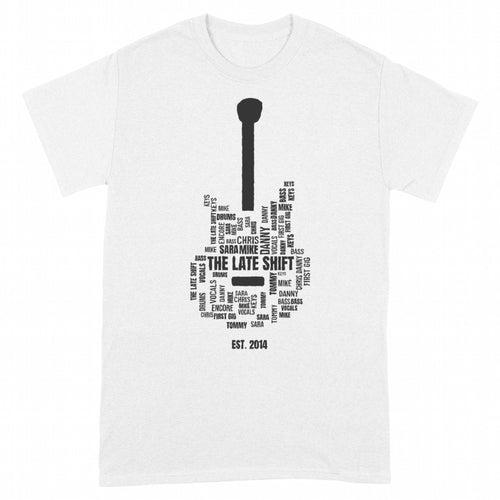Band Name Guitar Word Cloud – Every Member, One Guitar - White classic tee, front