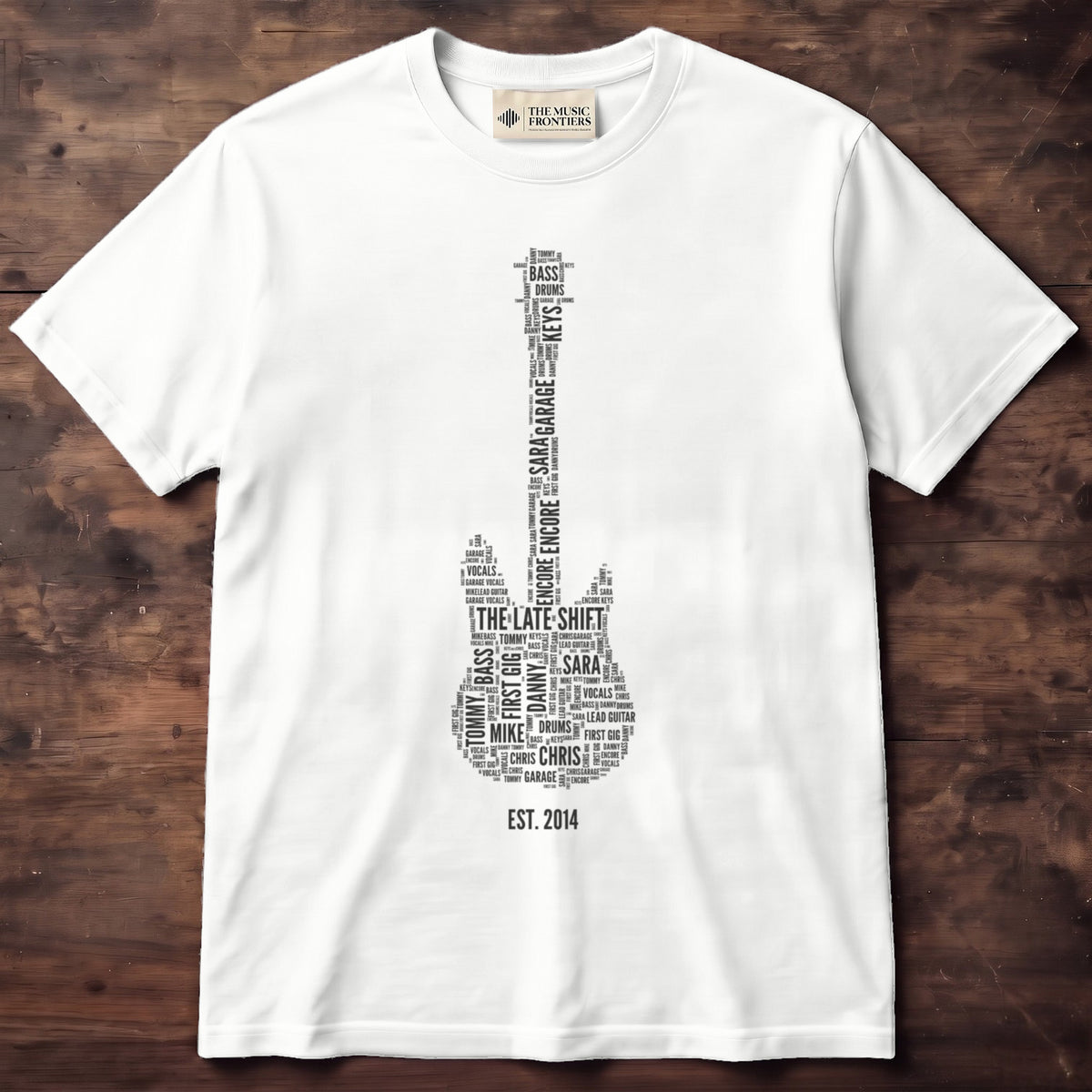 White t-shirt with the personalized Band Name Guitar Word Cloud design