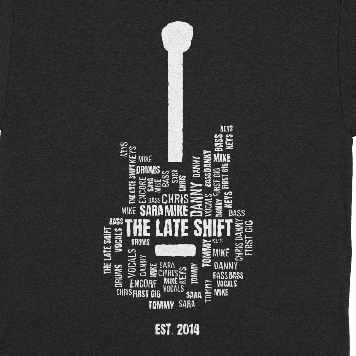 Band Name Guitar Word Cloud – Every Member, One Guitar - close-up of the print on the black shirt