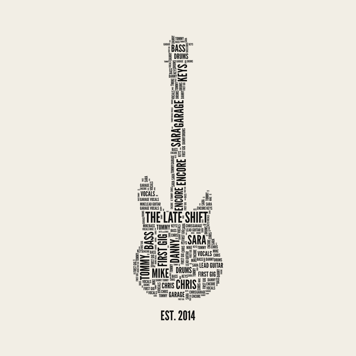 Band Name Guitar Word Cloud design artwork on its own, personalized with your details