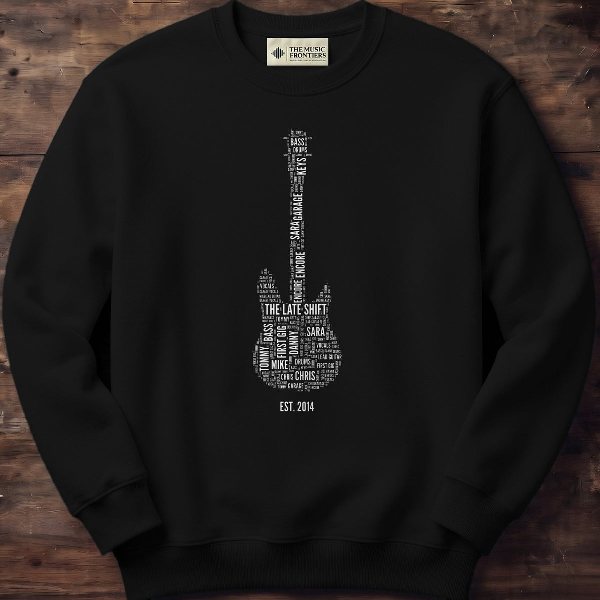 Black sweatshirt with the personalized Band Name Guitar Word Cloud design