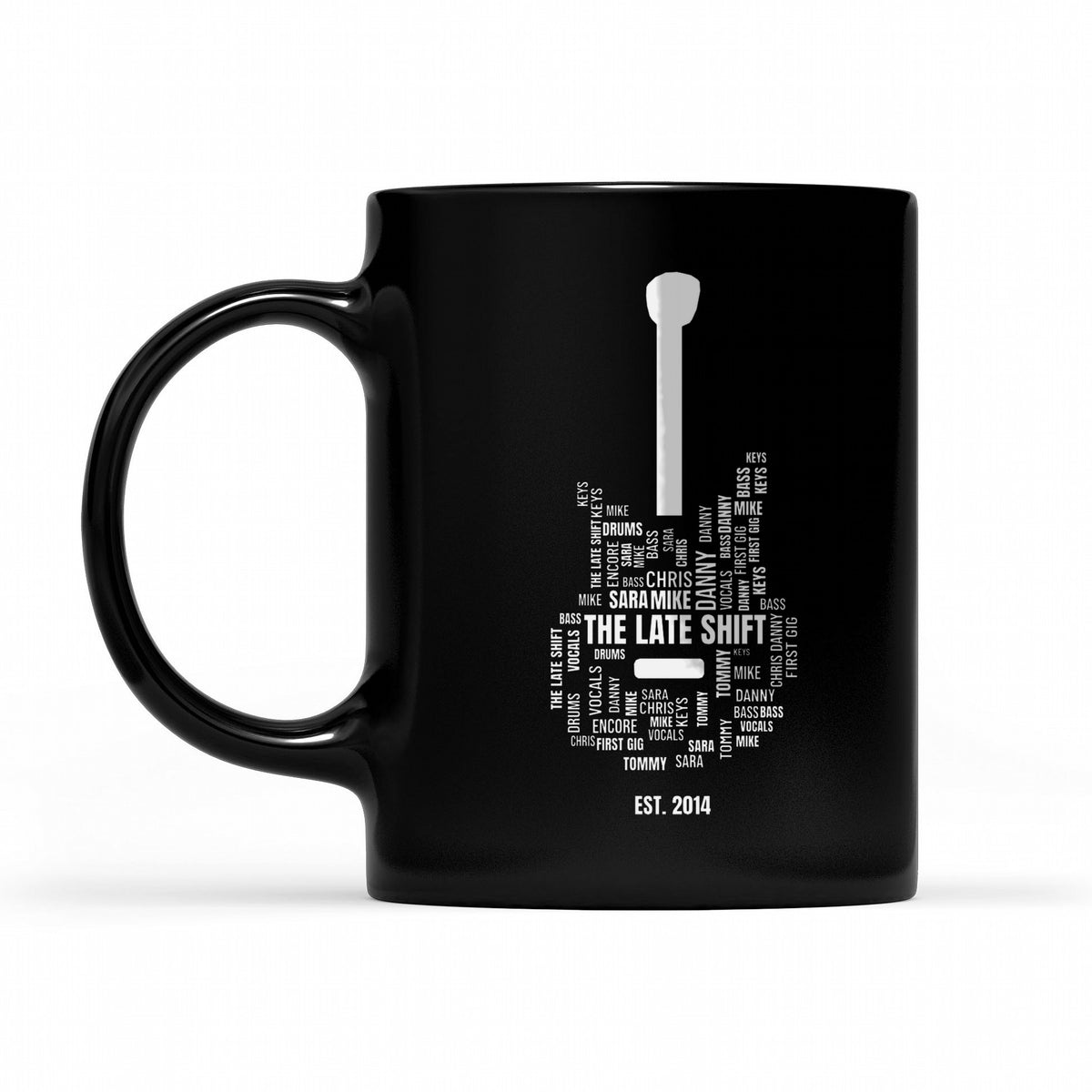 Band Name Guitar Word Cloud – Every Member, One Guitar - matching black mug