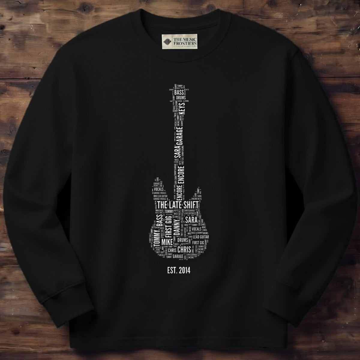 Black long sleeve shirt with the personalized Band Name Guitar Word Cloud design