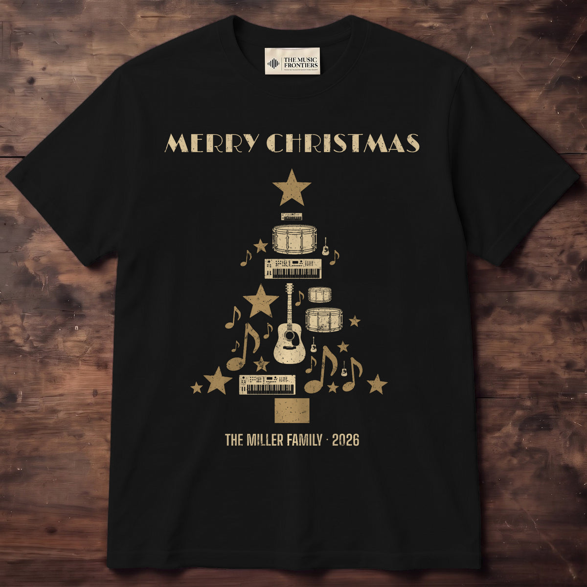 Black t-shirt with the personalized Musician Christmas Tree design