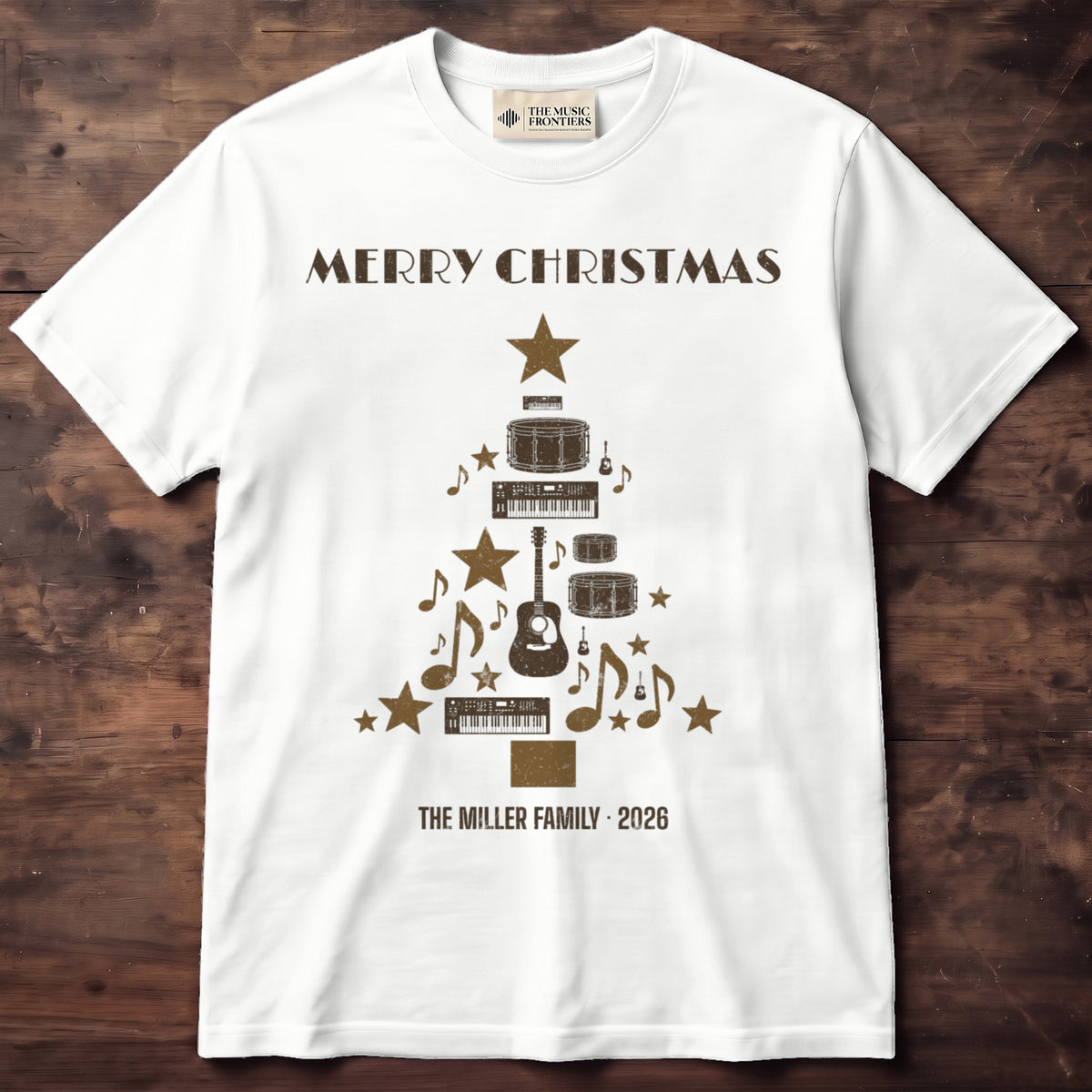 White t-shirt with the personalized Musician Christmas Tree design