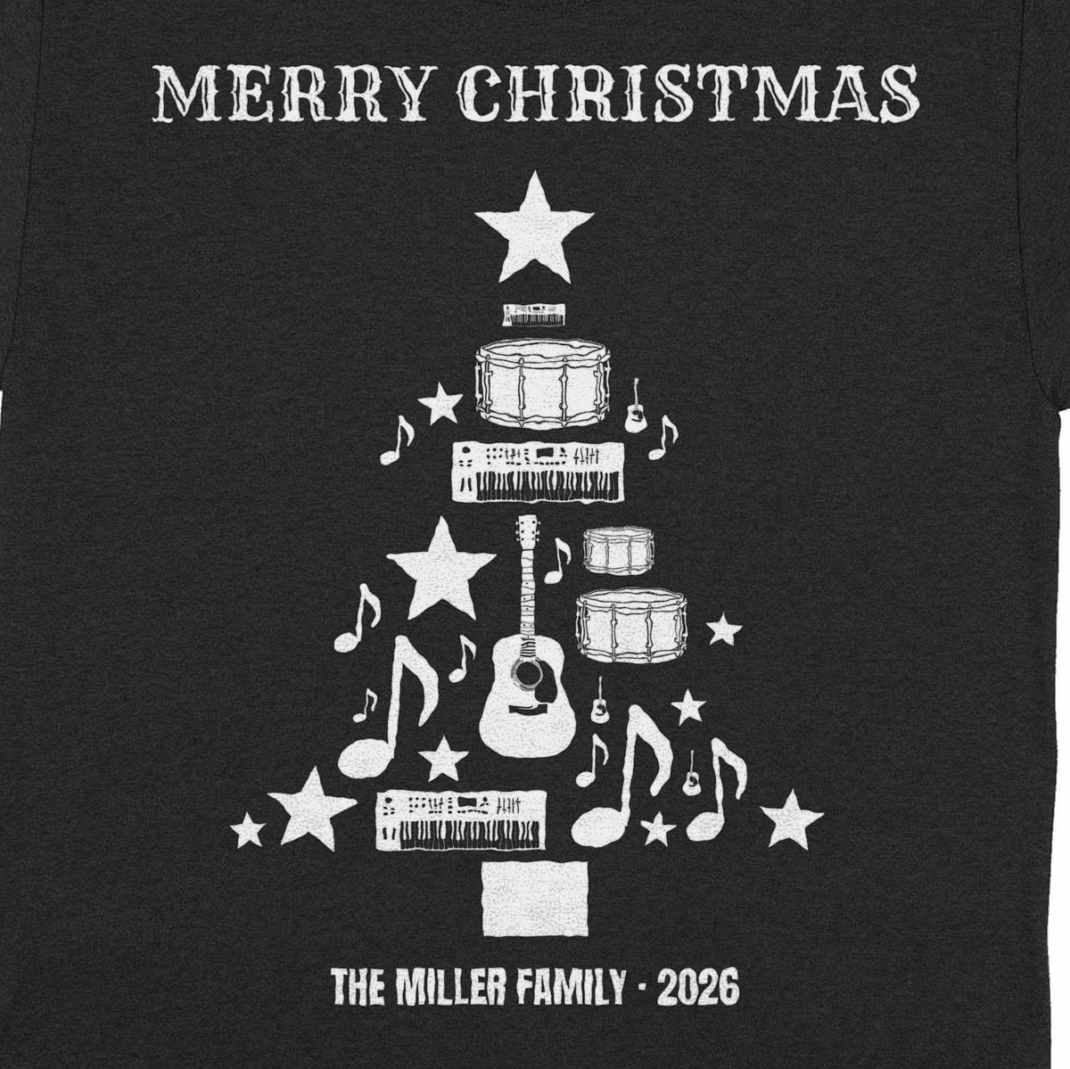 Musician Christmas Tree – Made of Your Instruments - close-up of the print on the black shirt