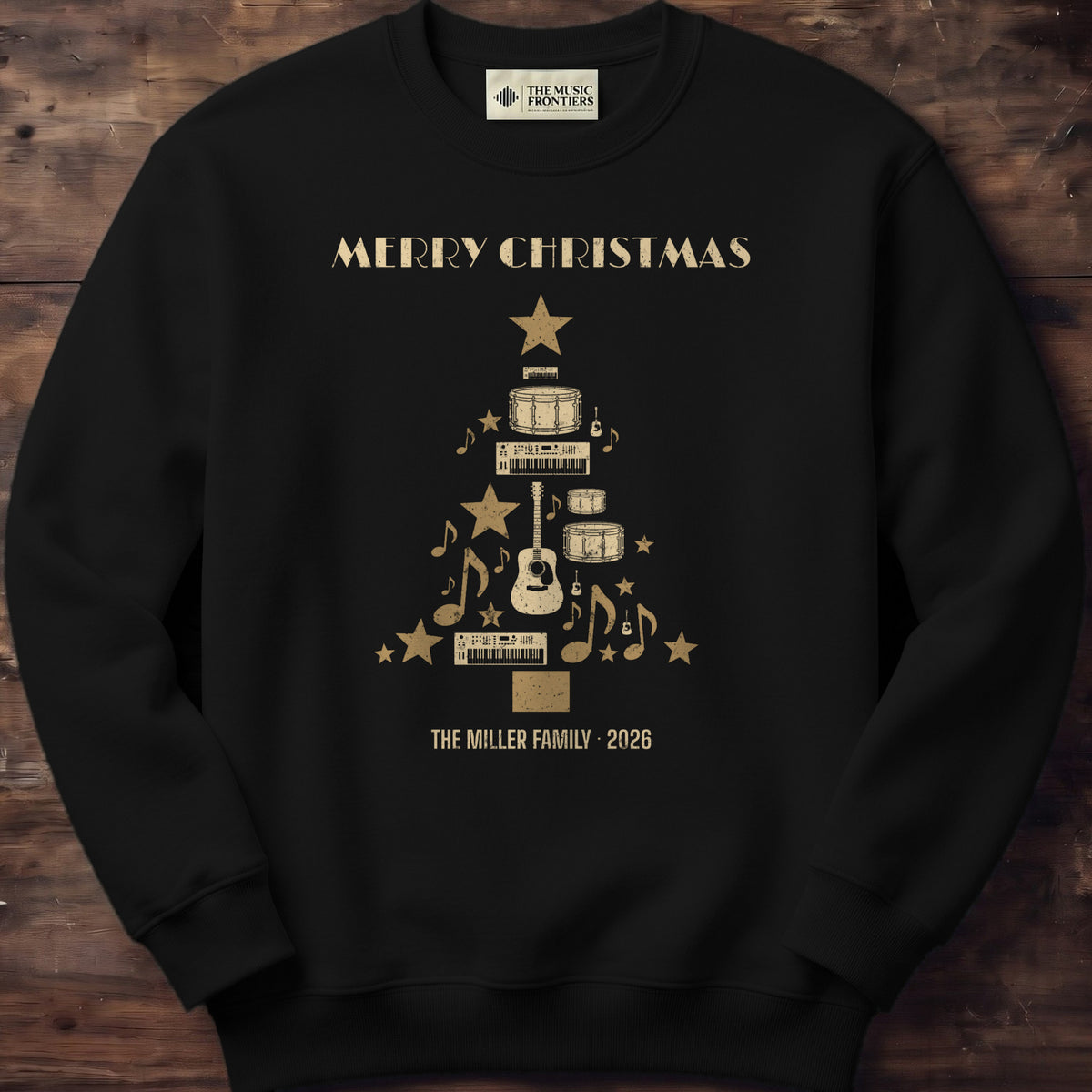 Black sweatshirt with the personalized Musician Christmas Tree design